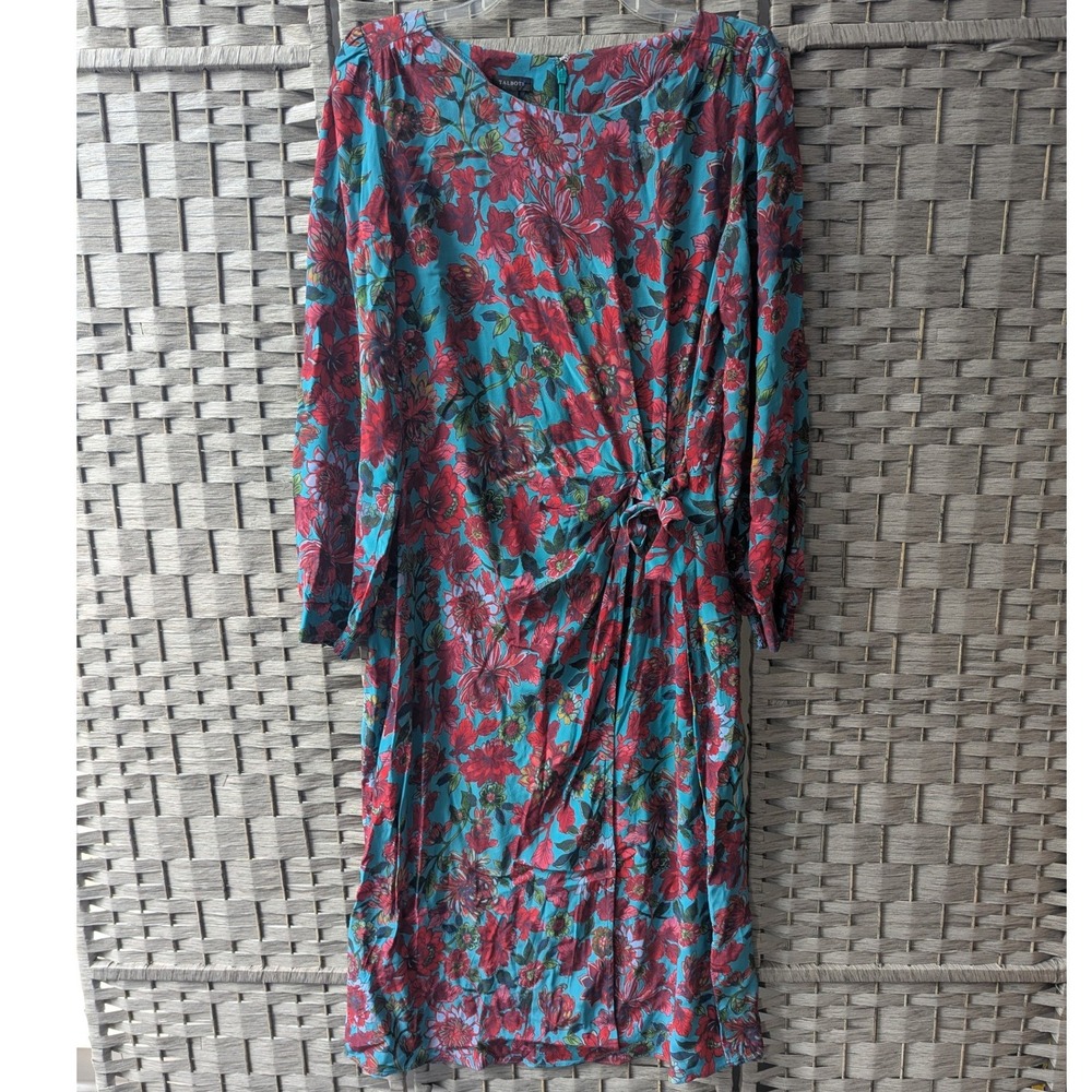 Talbots Midi Dress Teal Red Floral Faux Wrap Long Sleeve Sz 10 Modest Chic